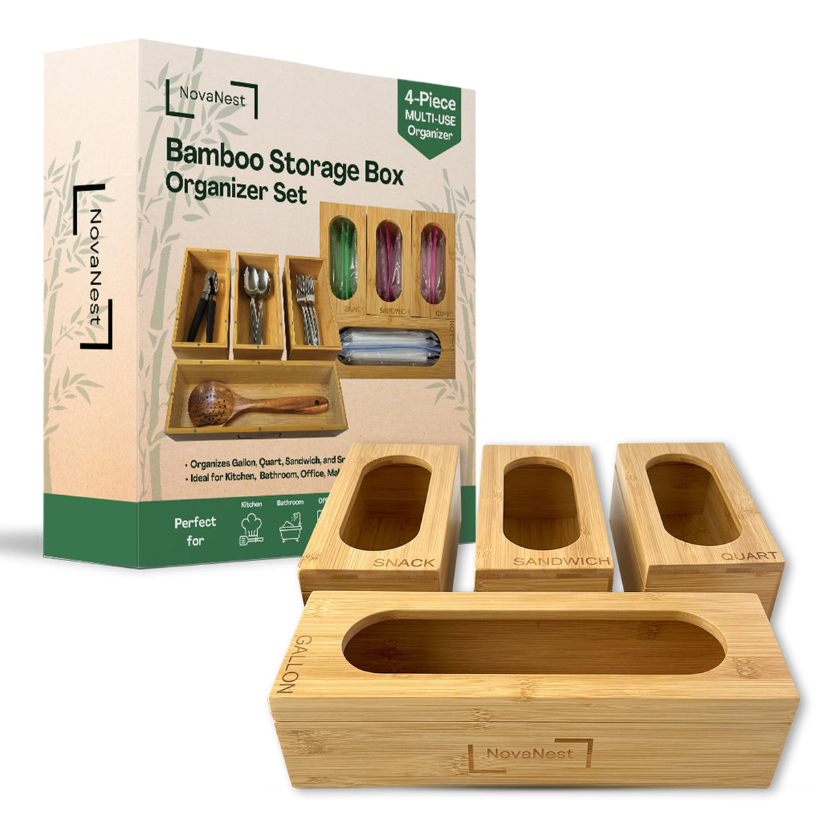 NovaNest bamboo baggie organizer for gallon bags keeps kitchen drawers neat.