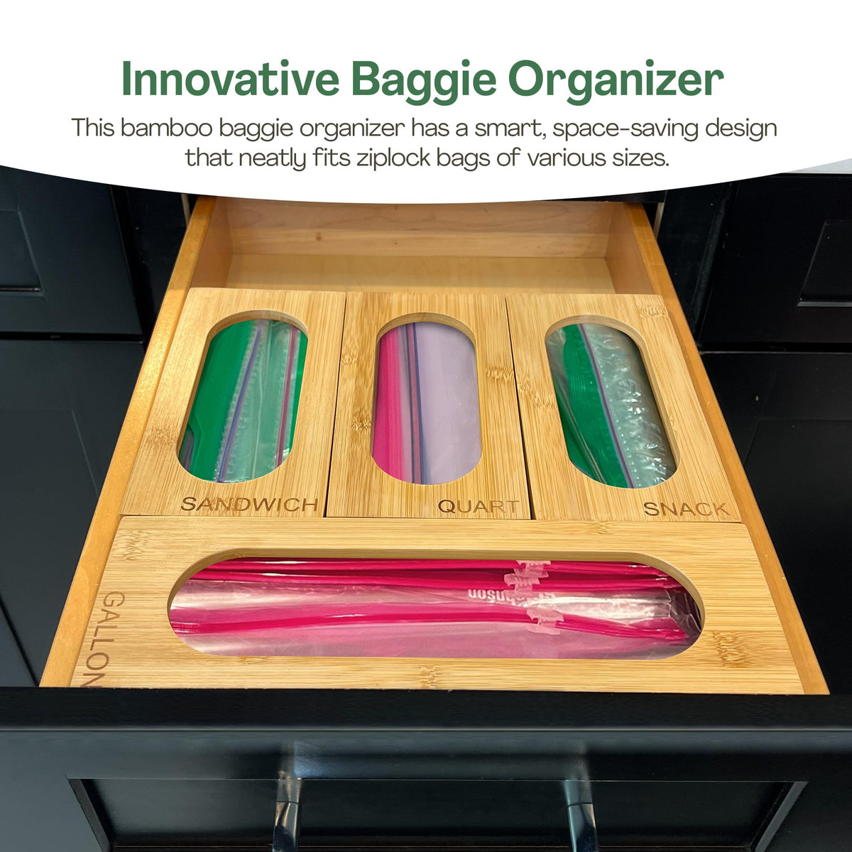NovaNest bamboo baggie organizer for snack bags helps pantry stay organized.