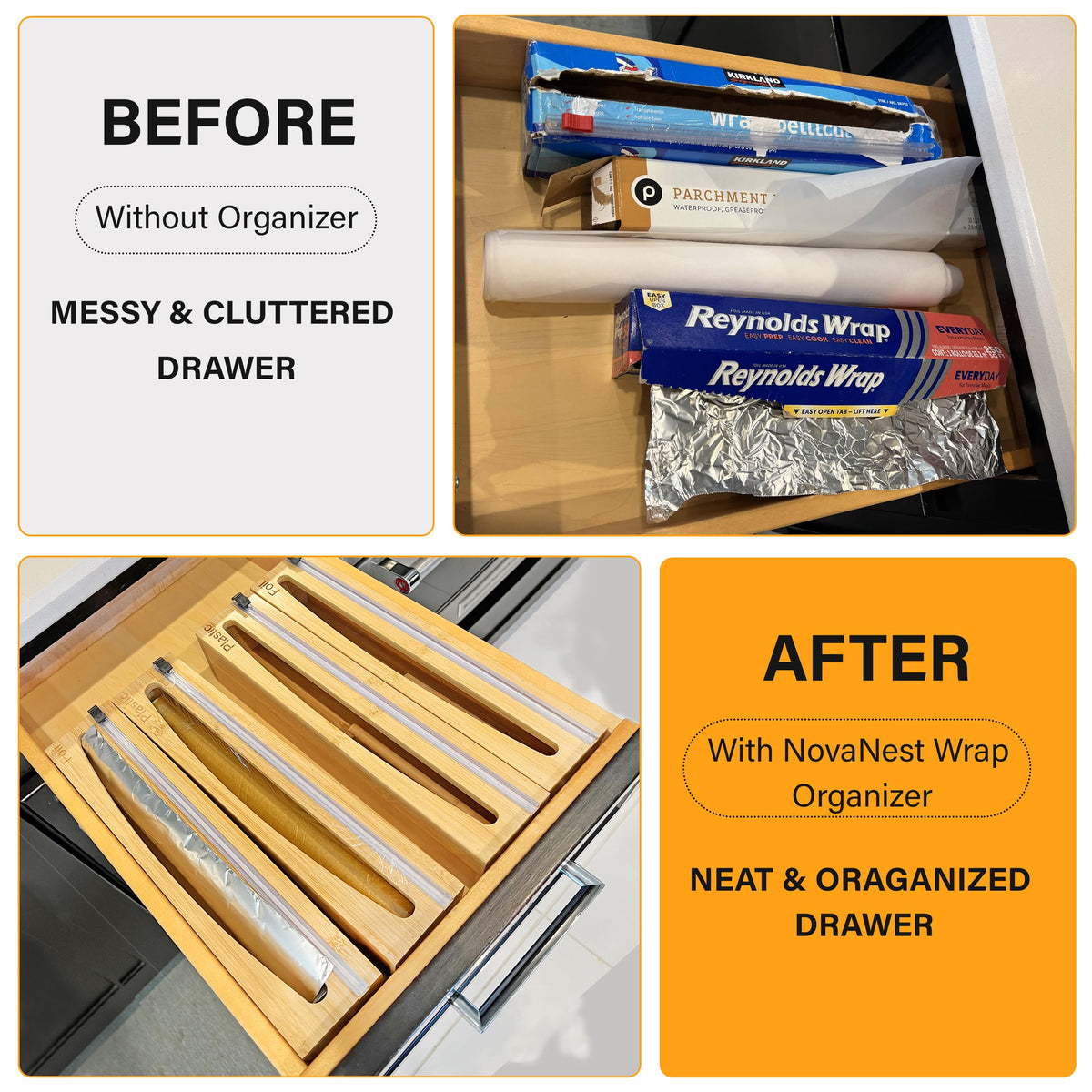 NovaNest wrap organizer cutter action demonstrates smooth, precise slicing