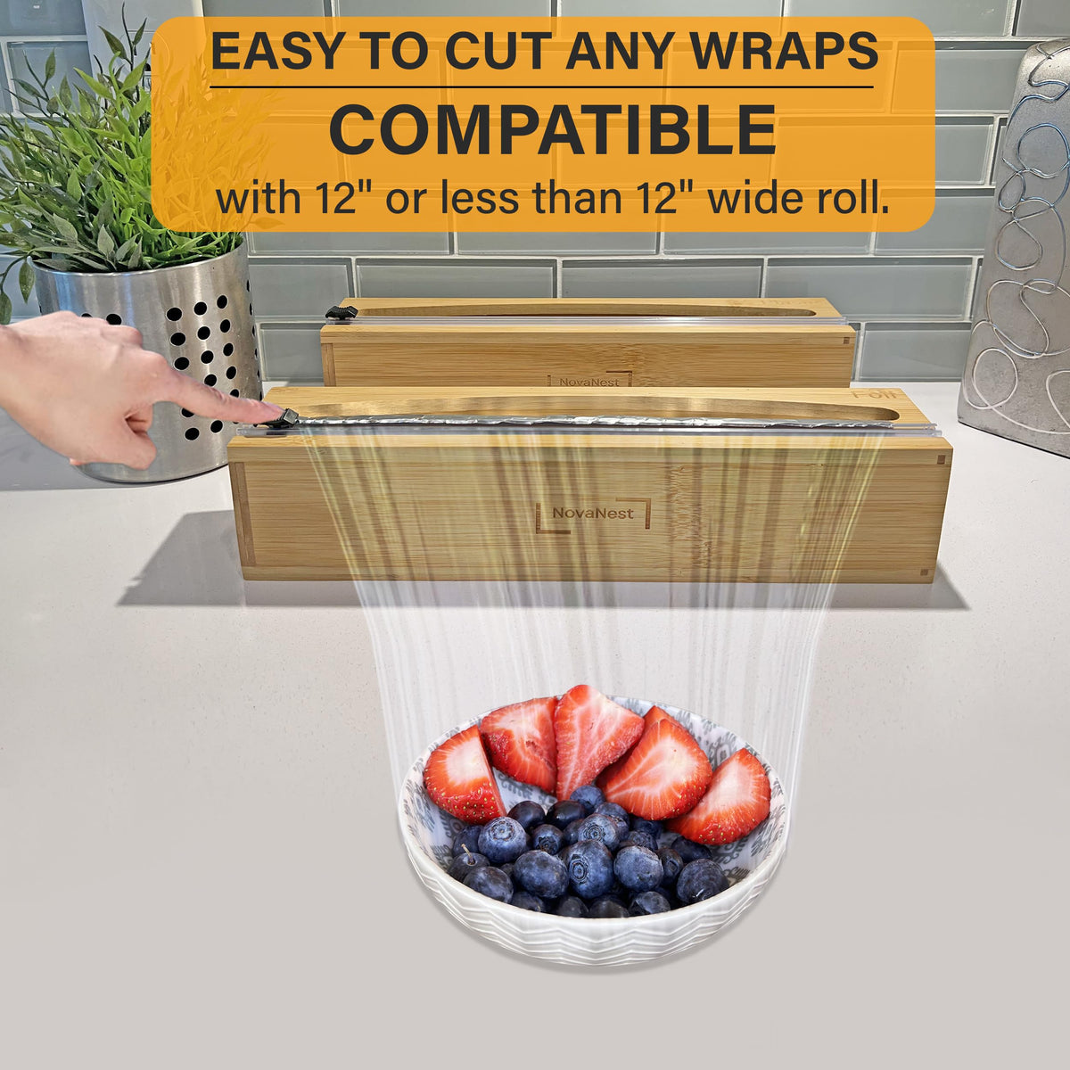 NovaNest wrap organizer with wood dowel guide keeping rolls aligned