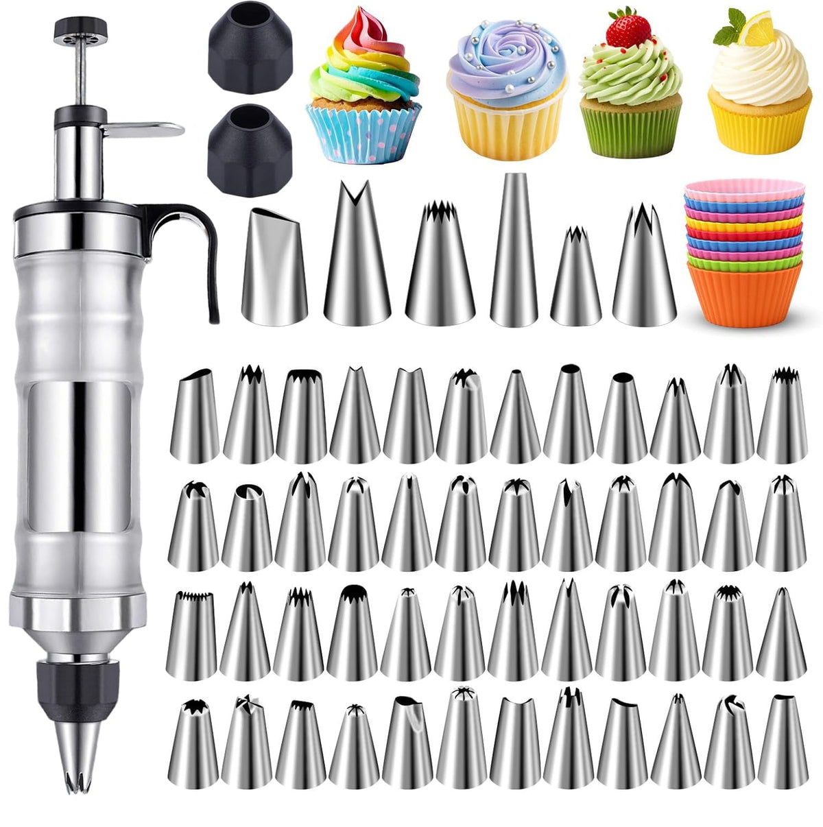 NOVANO dessert decorating syringe set contents displayed for easy baking organization.
