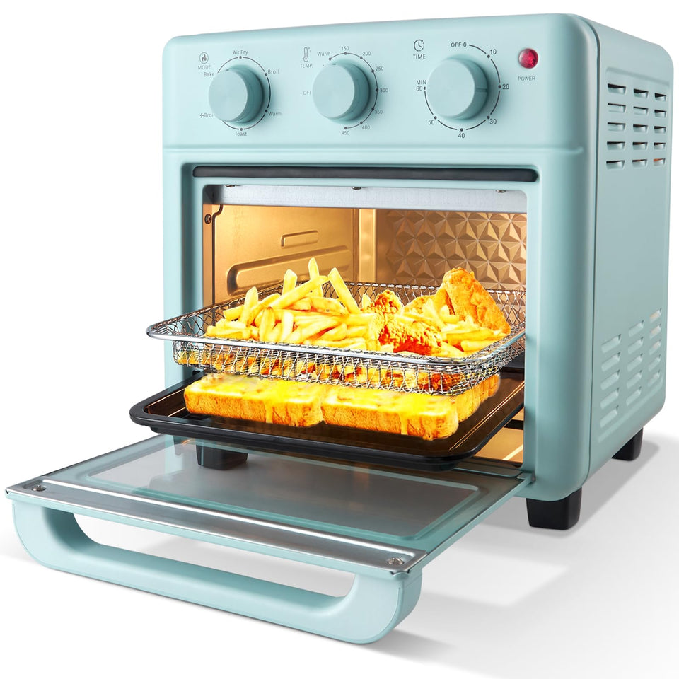 Novaspark air fryer toaster oven front view showing retro blue design for family meals