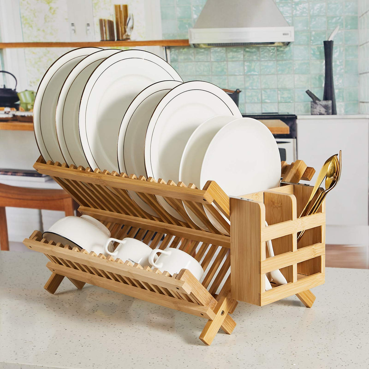 NOVAYEAH bamboo rack in a modern kitchen demonstrates compact drying solution
