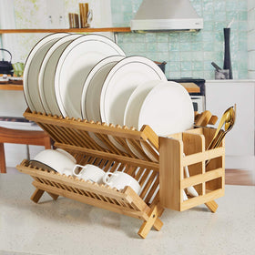 NOVAYEAH bamboo rack in a modern kitchen demonstrates compact drying solution