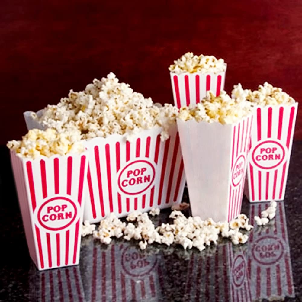 Front view showing square top opening of Novelty Place popcorn container.