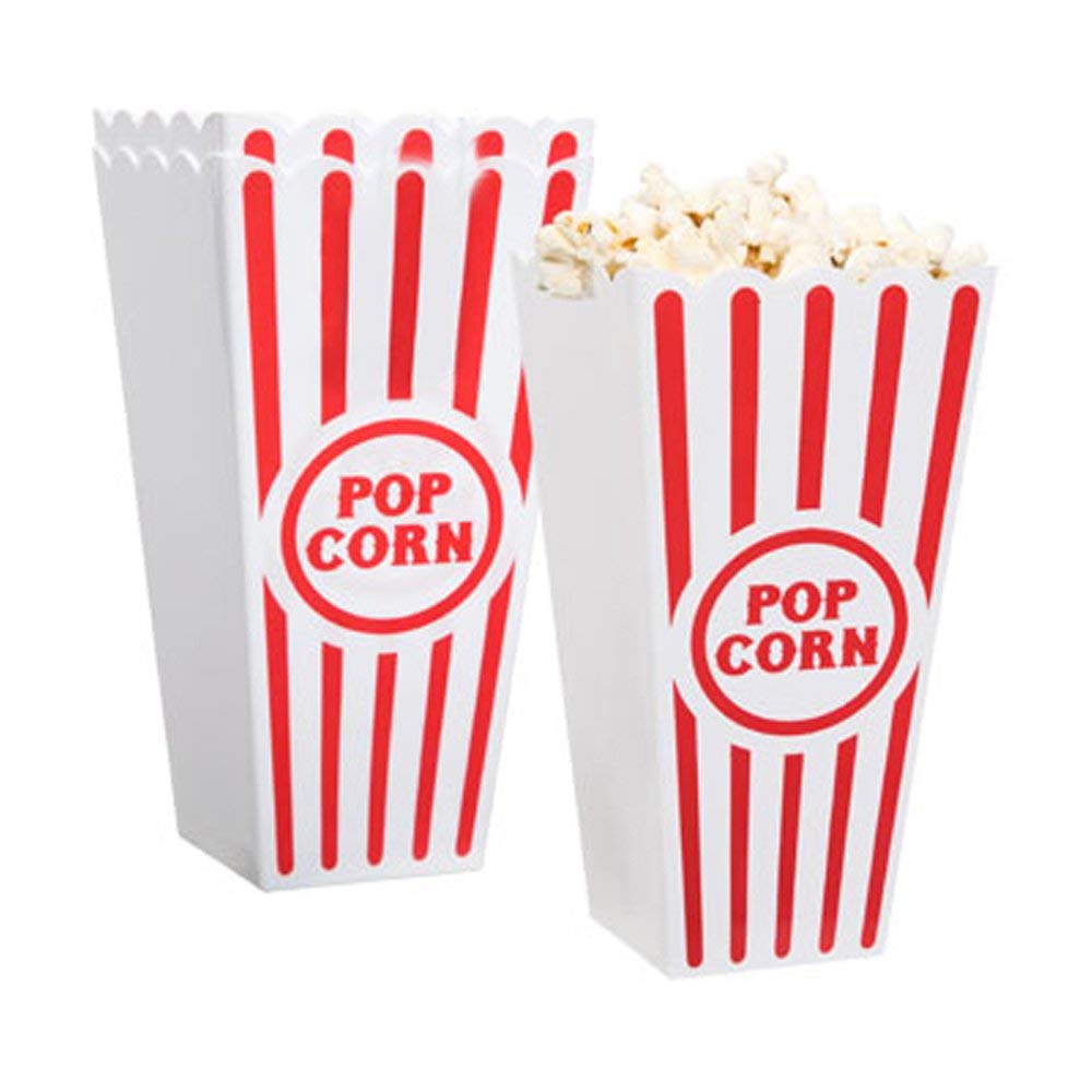Novelty Place retro popcorn container with red white stripes, ideal for family movie night.