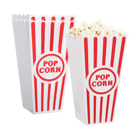 Novelty Place retro popcorn container with red white stripes, ideal for family movie night.