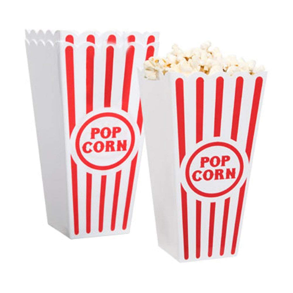 Novelty Place retro popcorn container with red white stripes, ideal for family movie night.
