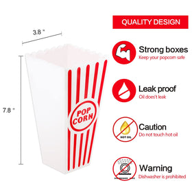 Novelty Place popcorn container in retro red and white stripes, durable and reusable for parties.