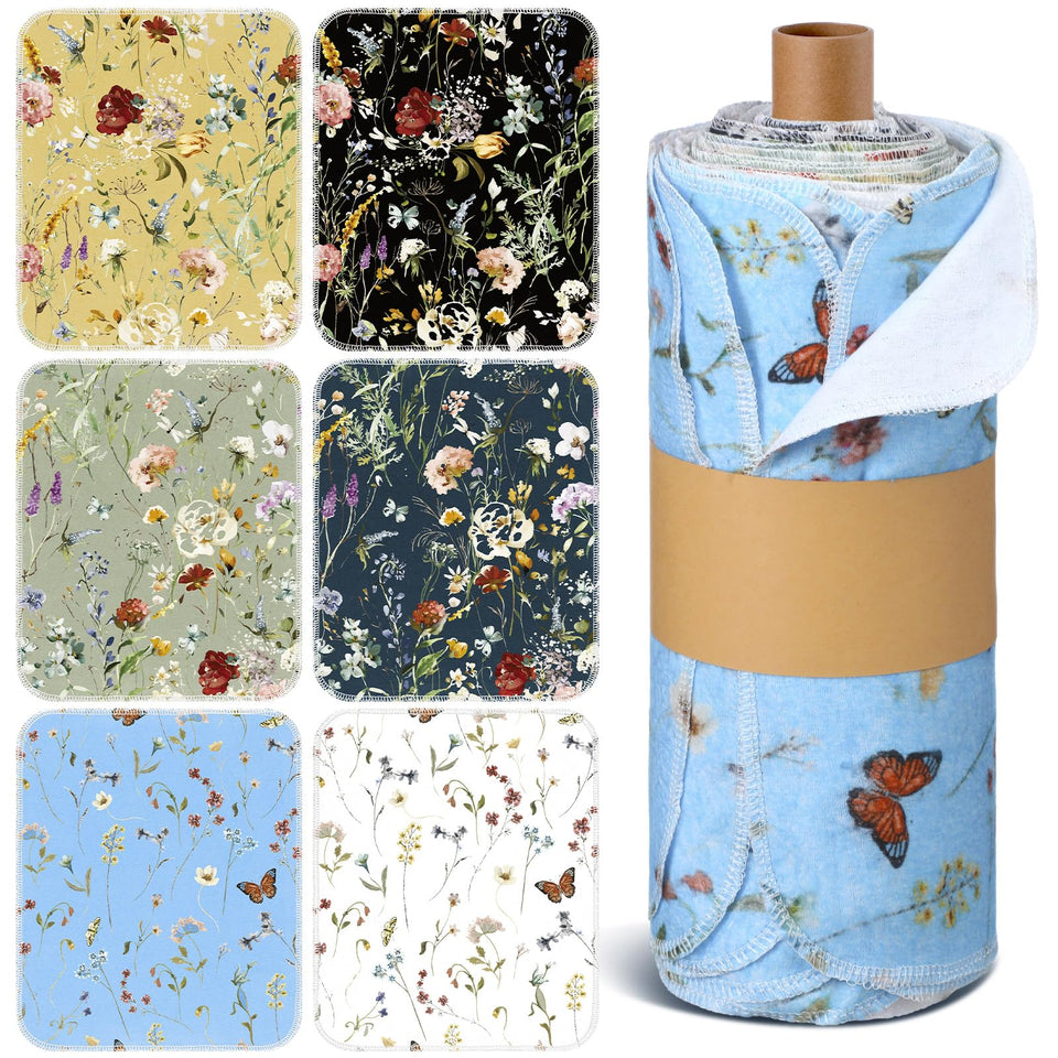 Noveread Rich Flowers cleaning cloths rolled on a paperboard tube for easy storage.