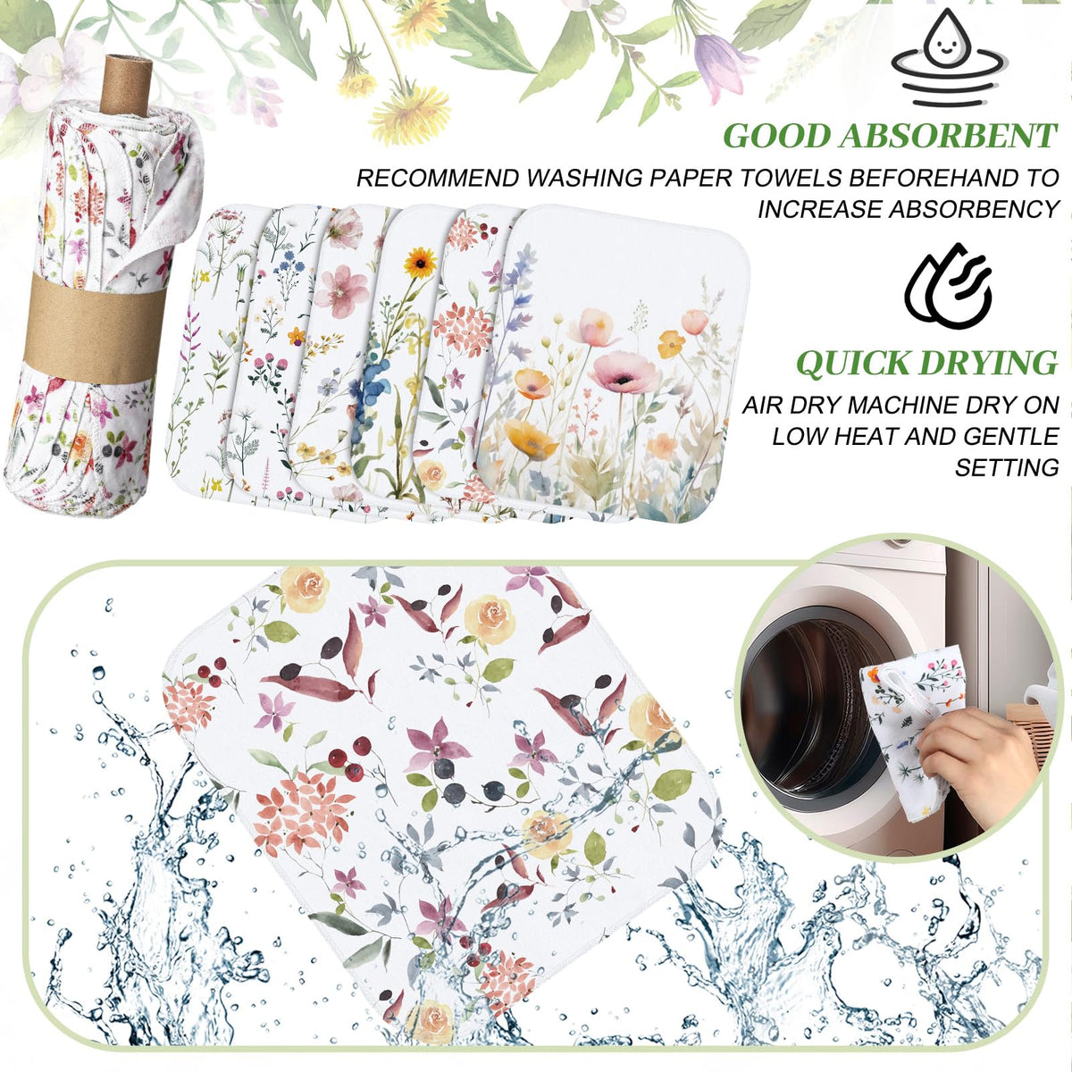 Noveread Wildflowers cleaning cloths rolled on a paperboard tube for compact storage