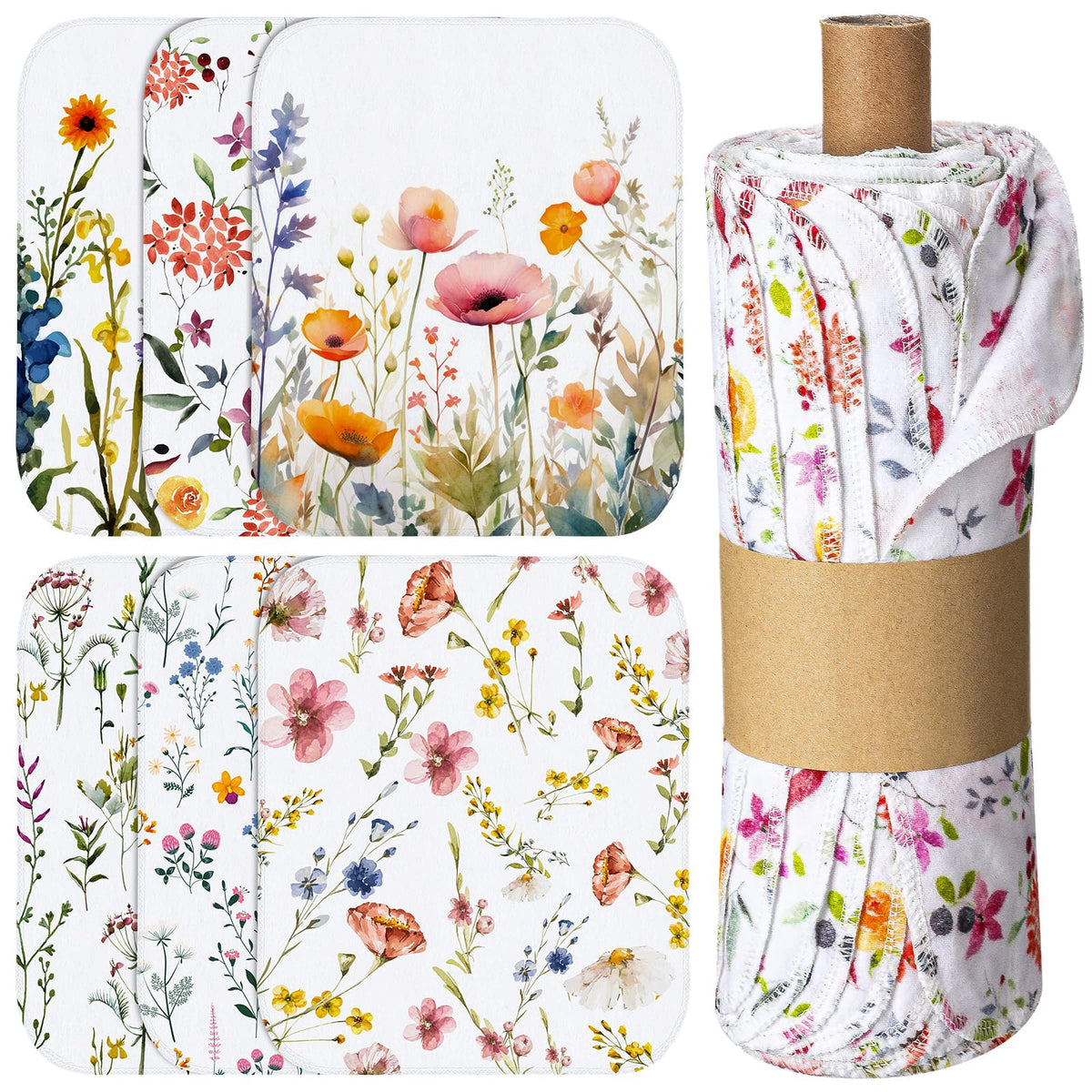 Noveread Wildflowers cleaning cloths on a paperboard tube, easy storage and quick drying