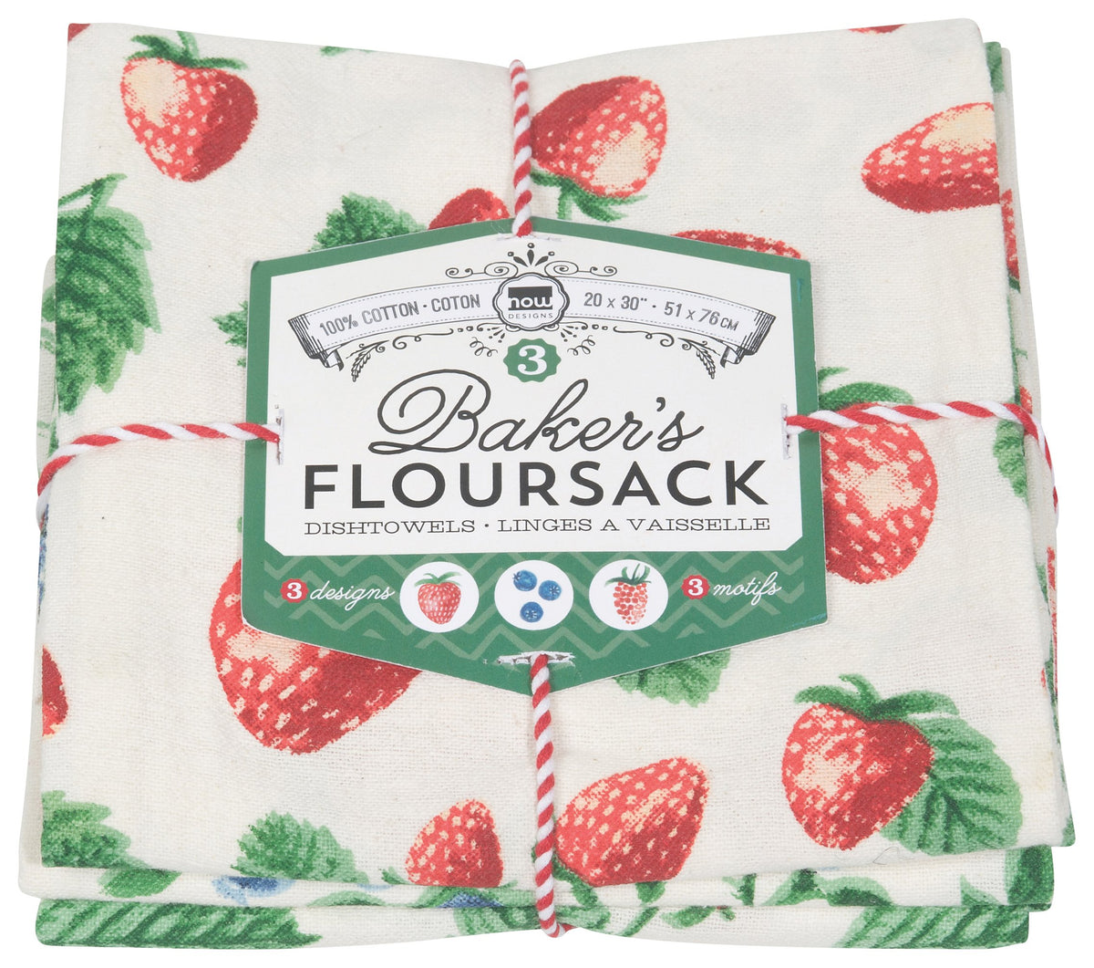 Now Designs Berry Patch flour sack towel display, highly absorbent for quick glassware drying
