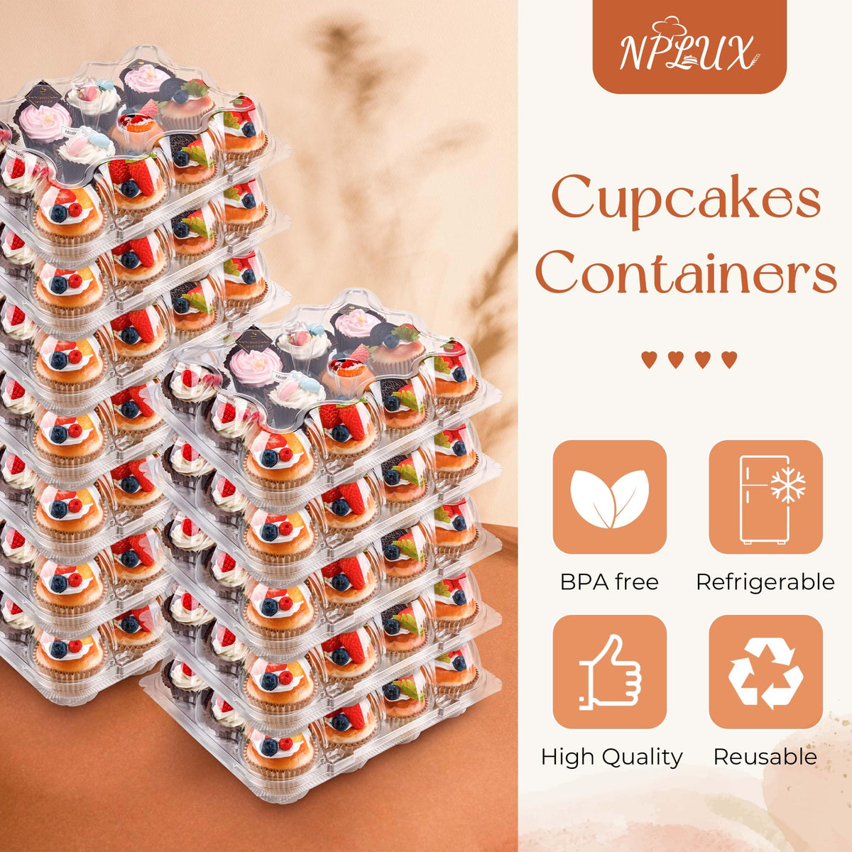 NPLUX 12-pack cupcake boxes show frosting while stacked