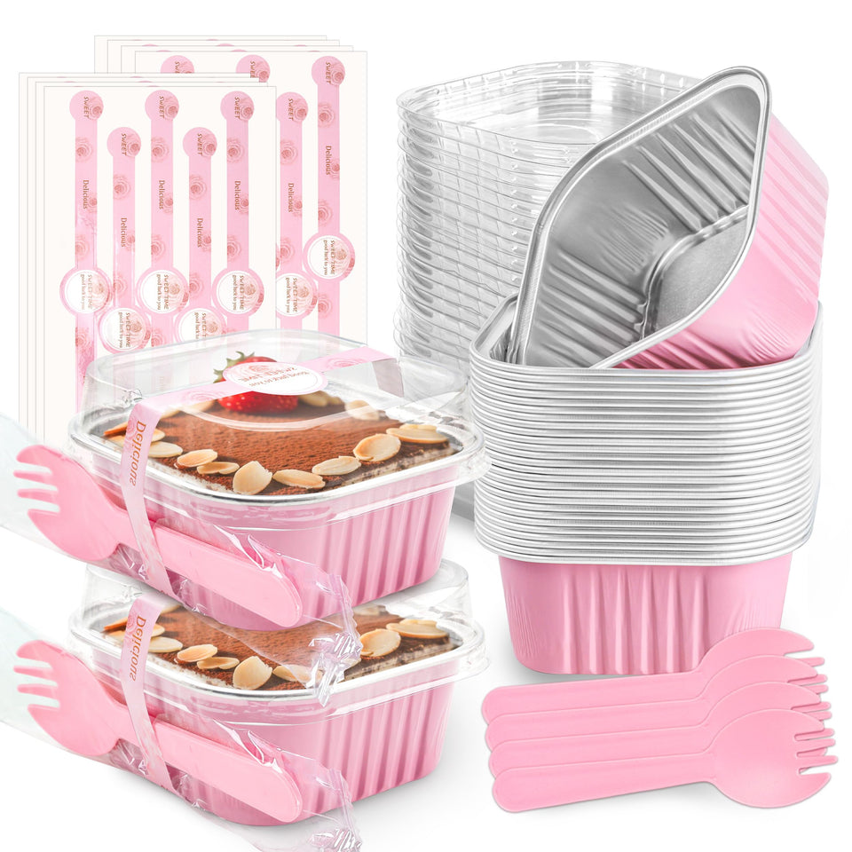 NPLUX mini cake pans with pink lids, ideal for single-serving desserts at parties.