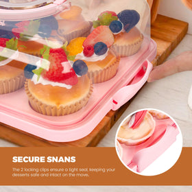 NPLUX cake carrier with folding handle and locking clips for secure carrying.