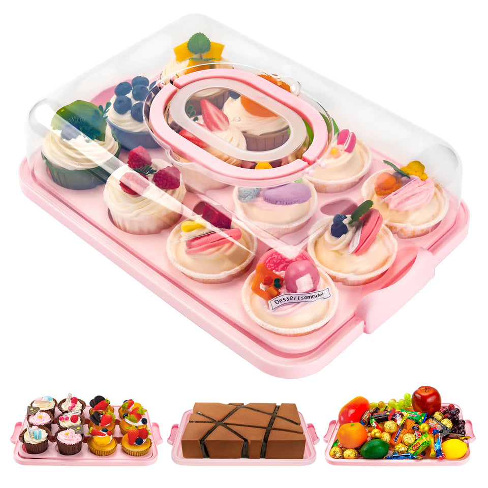 NPLUX cupcake container with lid in pink, 13 by 9 by 4 inches, secure transport.