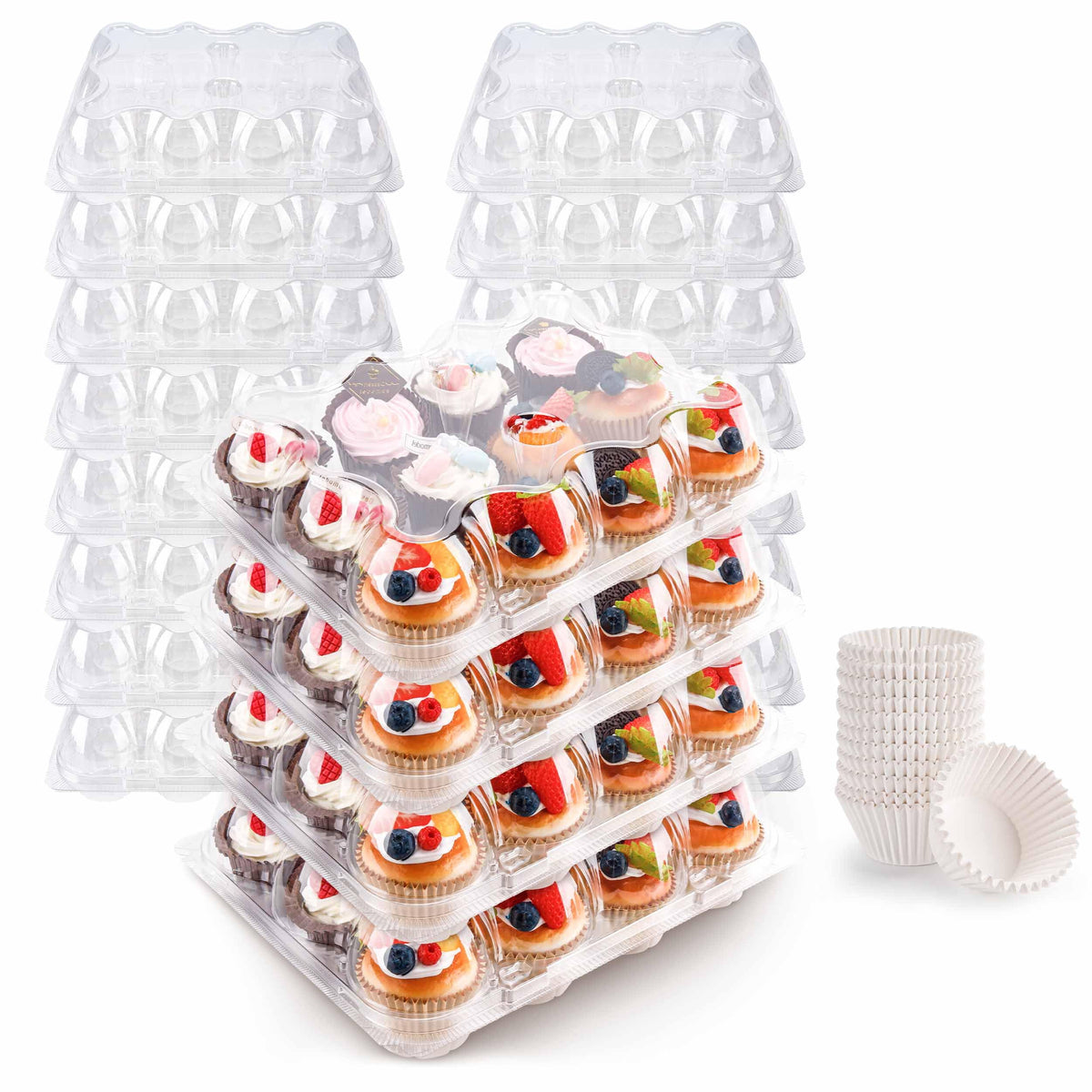 NPLUX cupcake containers with closed 12-pack boxes for secure transport and display