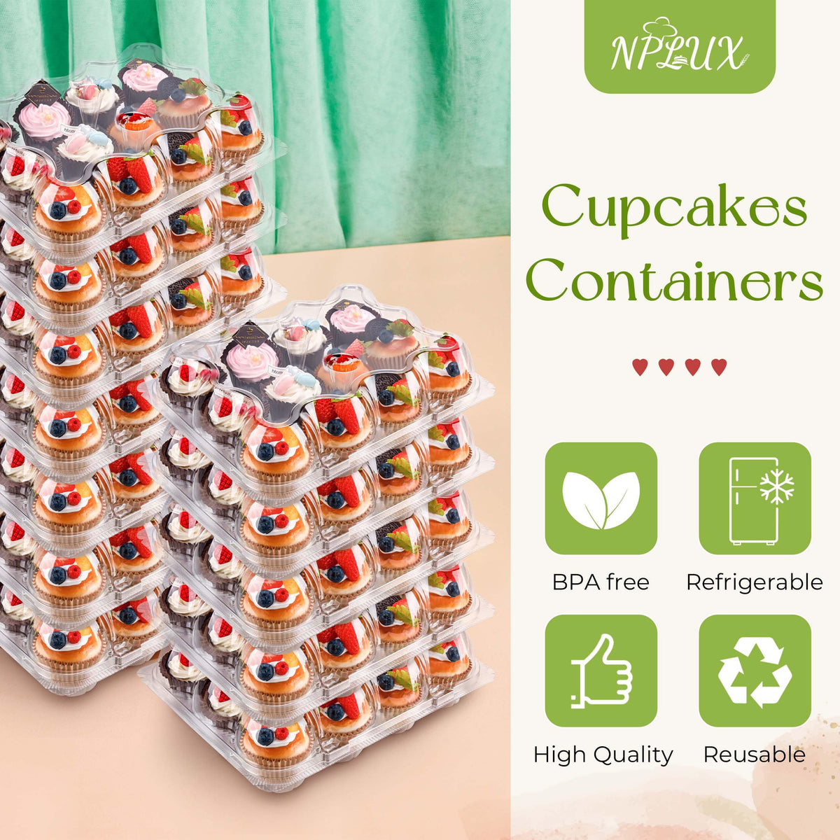 NPLUX stackable cupcake containers highlight a clear design for easy shelf visibility