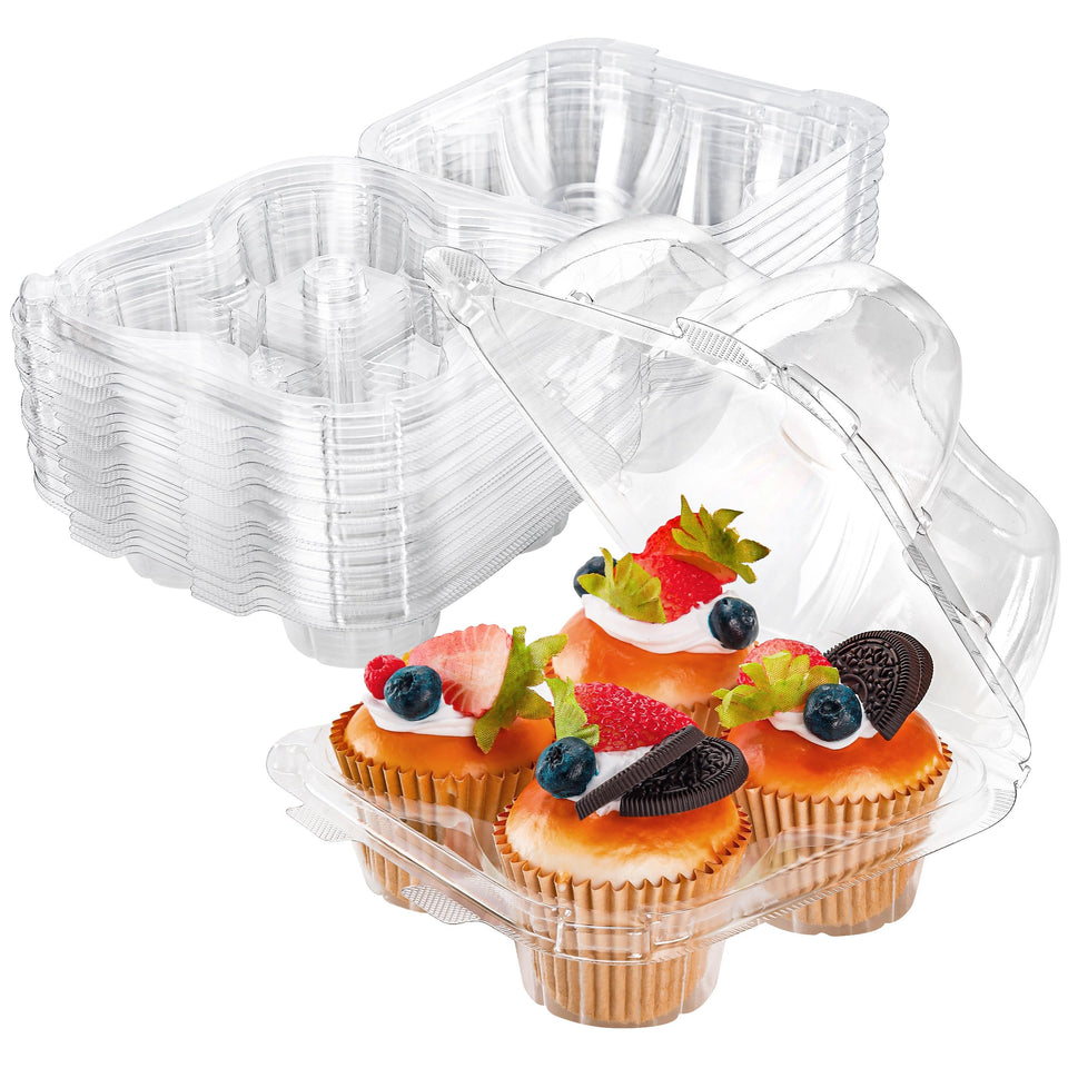 NPLUX four-compartment cupcake container with closed lid protects icing during transport.
