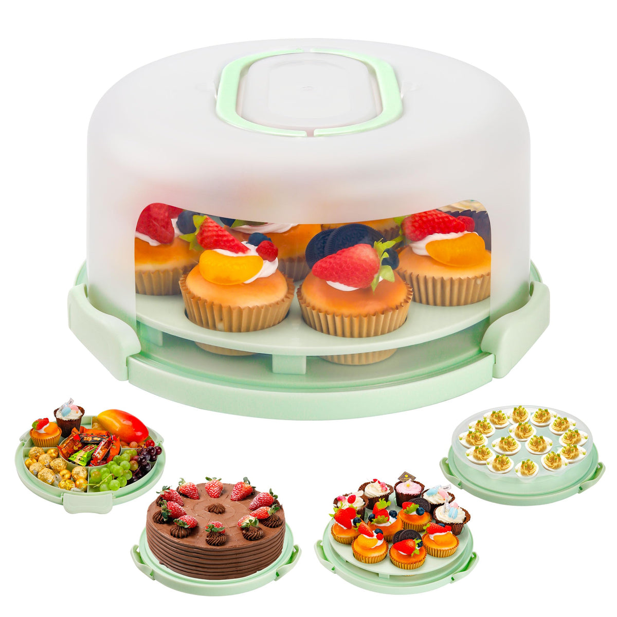 NPLUX green cake container with lid close-up showing secure clips for fresh transport.