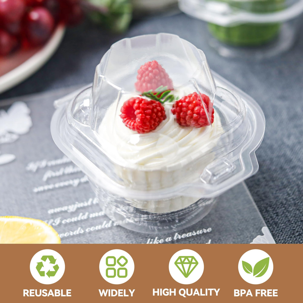 NPLUX PET plastic box emphasizes sturdy, transport-friendly dessert container.