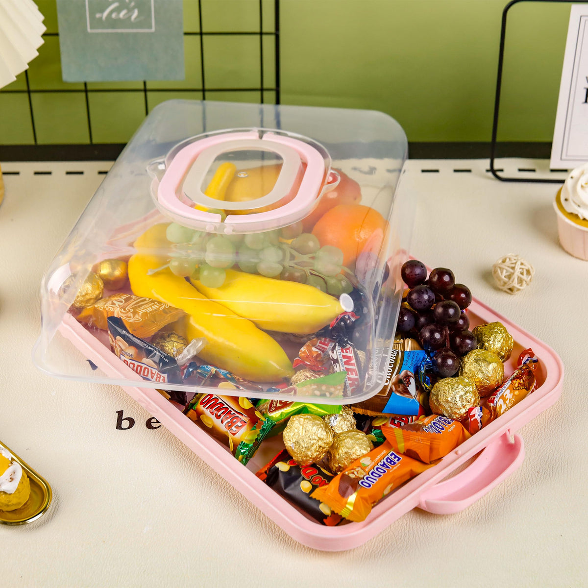 NPLUX pink dessert carrier ideal for picnics, parties, and potlucks.