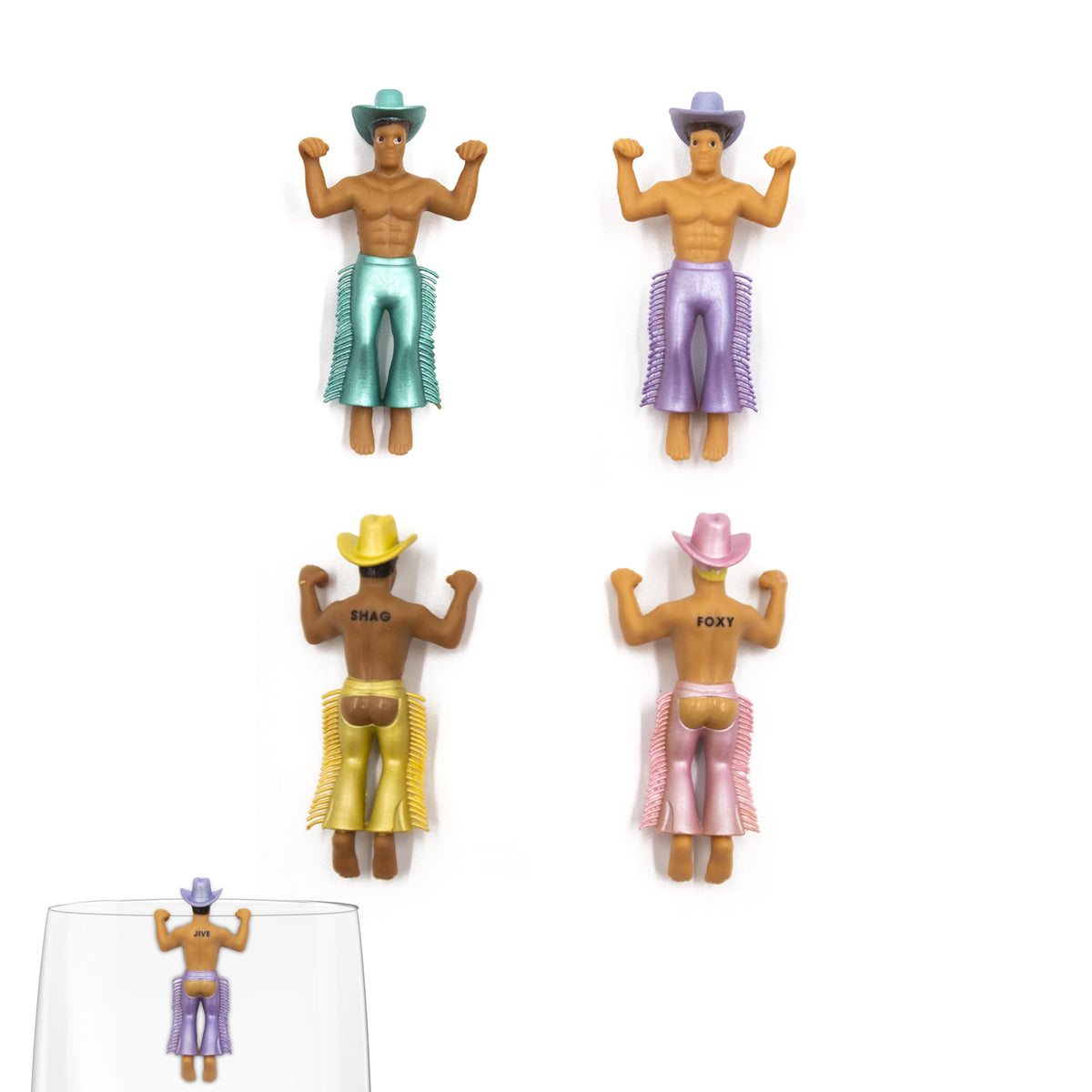 NPW Disco Cowboys drink charms pack shown on glasses to prevent mix-ups.