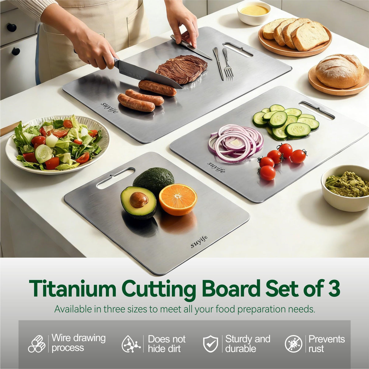 NSLLL Titanium Cutting Board Set back view for meat prep and cross-use