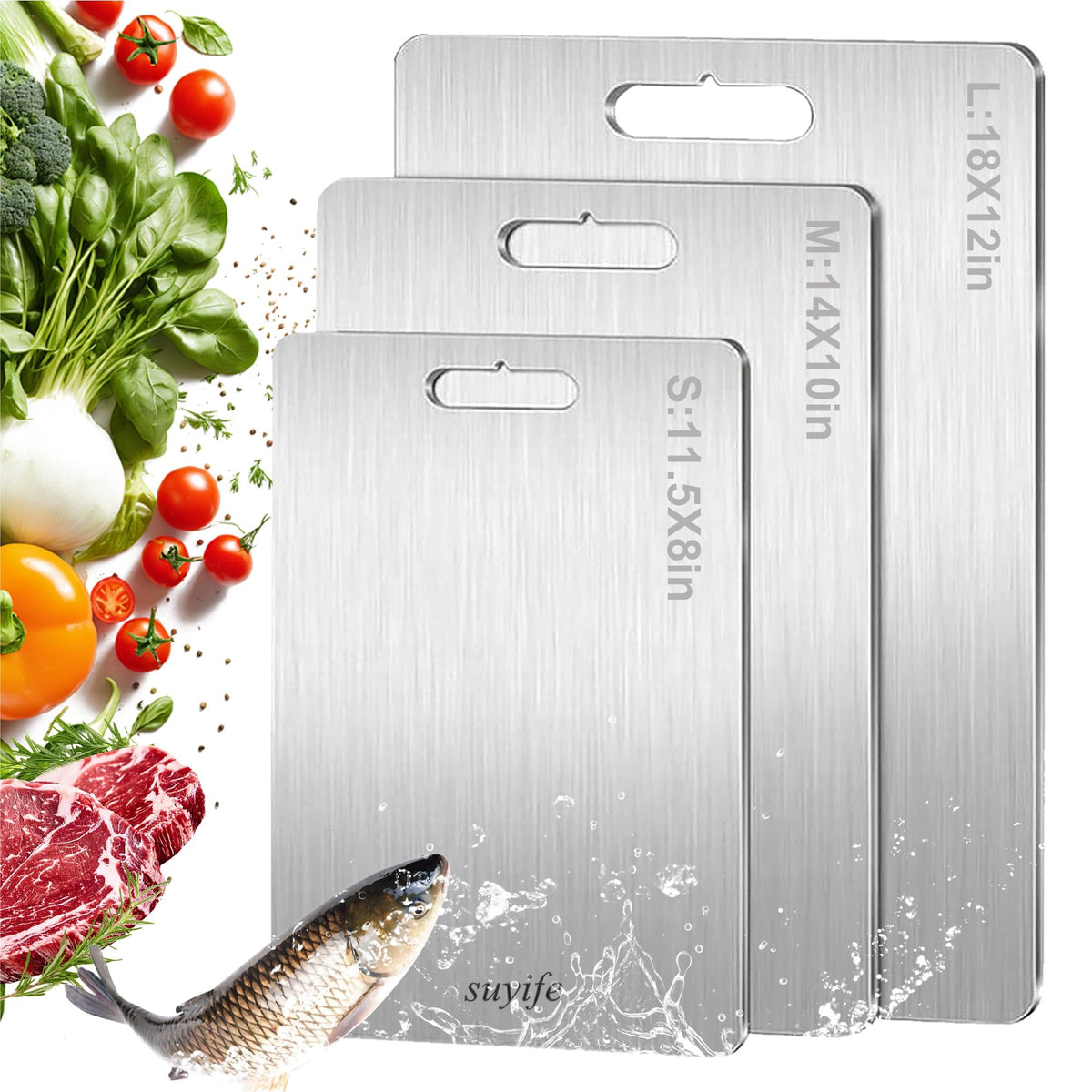 NSLLL Titanium Cutting Board Set front view with fruits and vegetables for prep