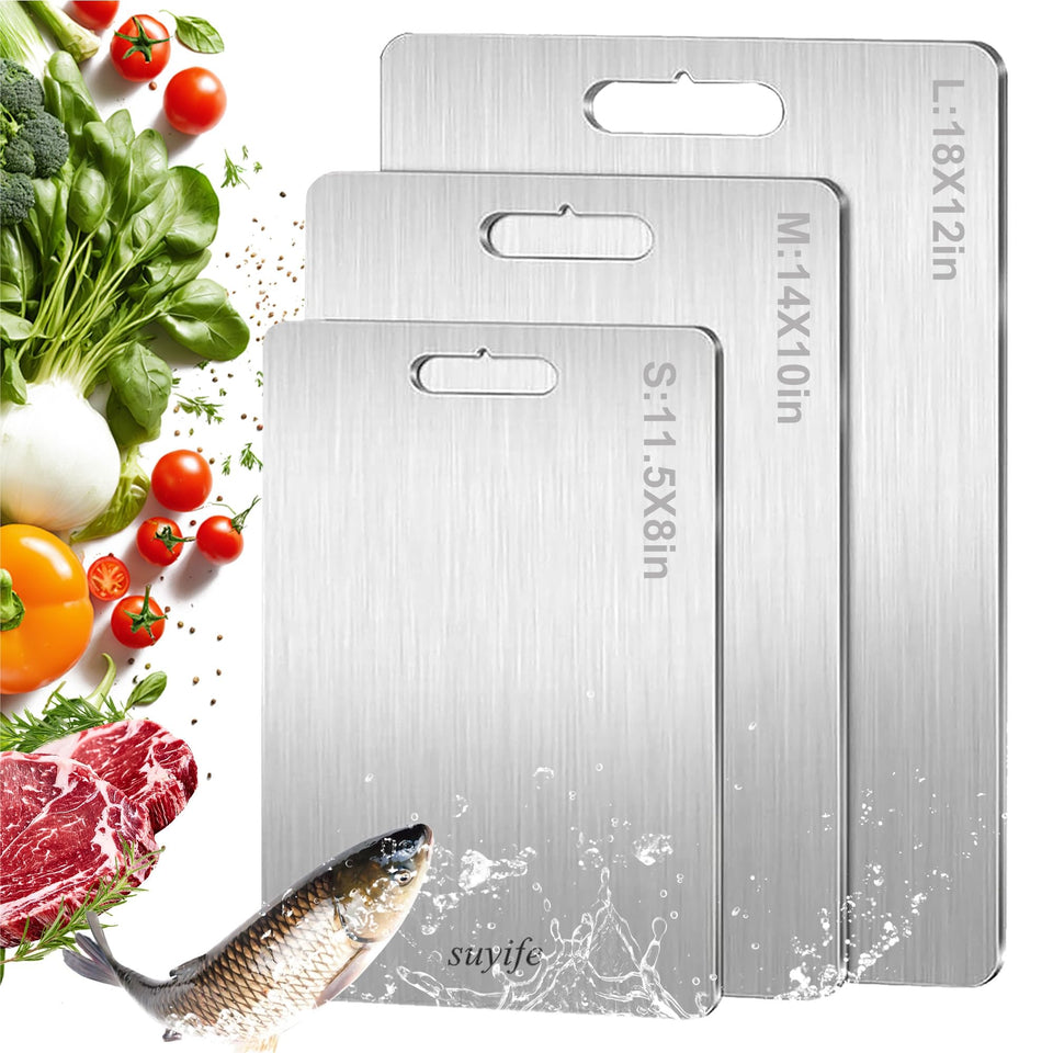 NSLLL Titanium Cutting Board Set front view with fruits and vegetables for prep