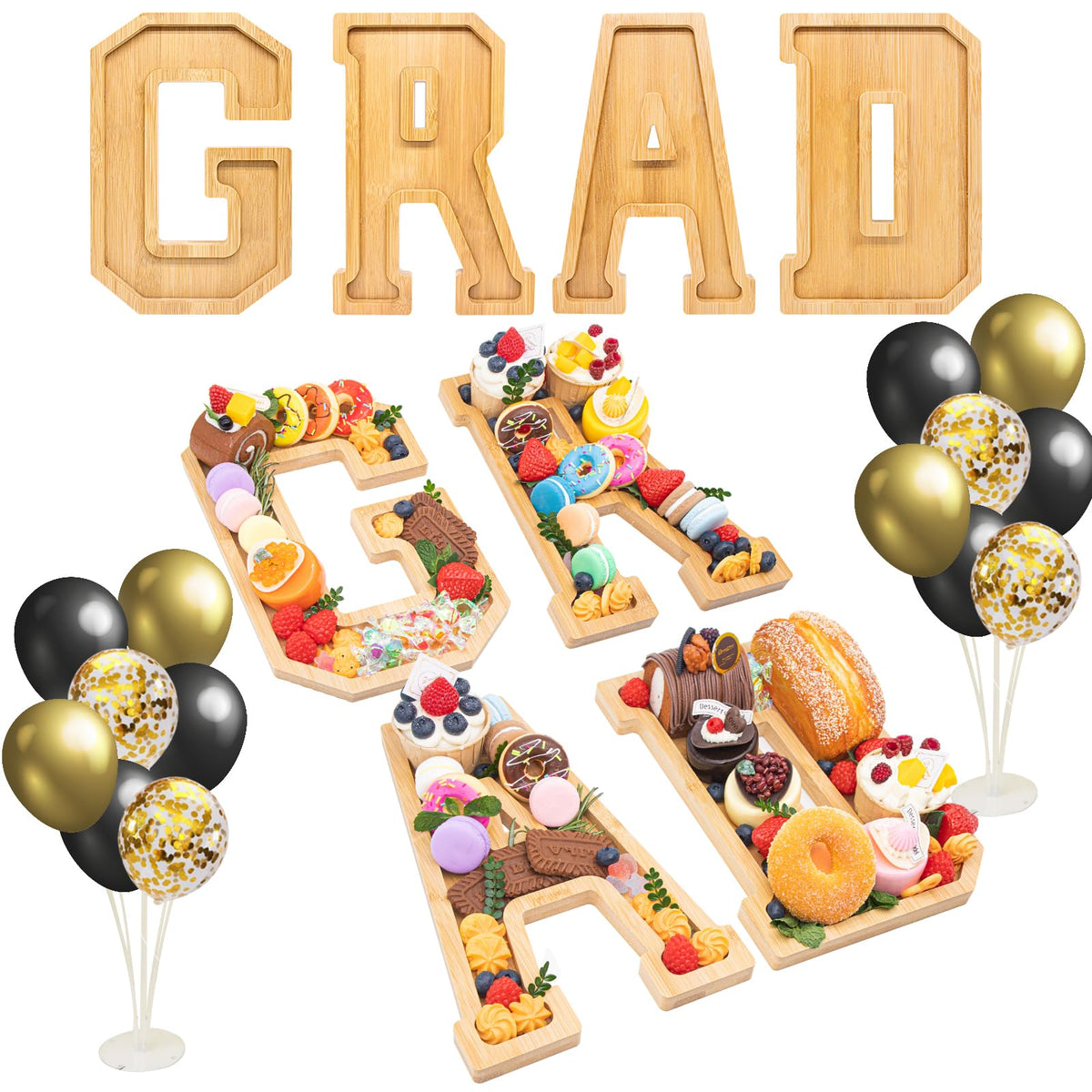Nsoyos grad charcuterie letters on table create a stylish centerpiece.