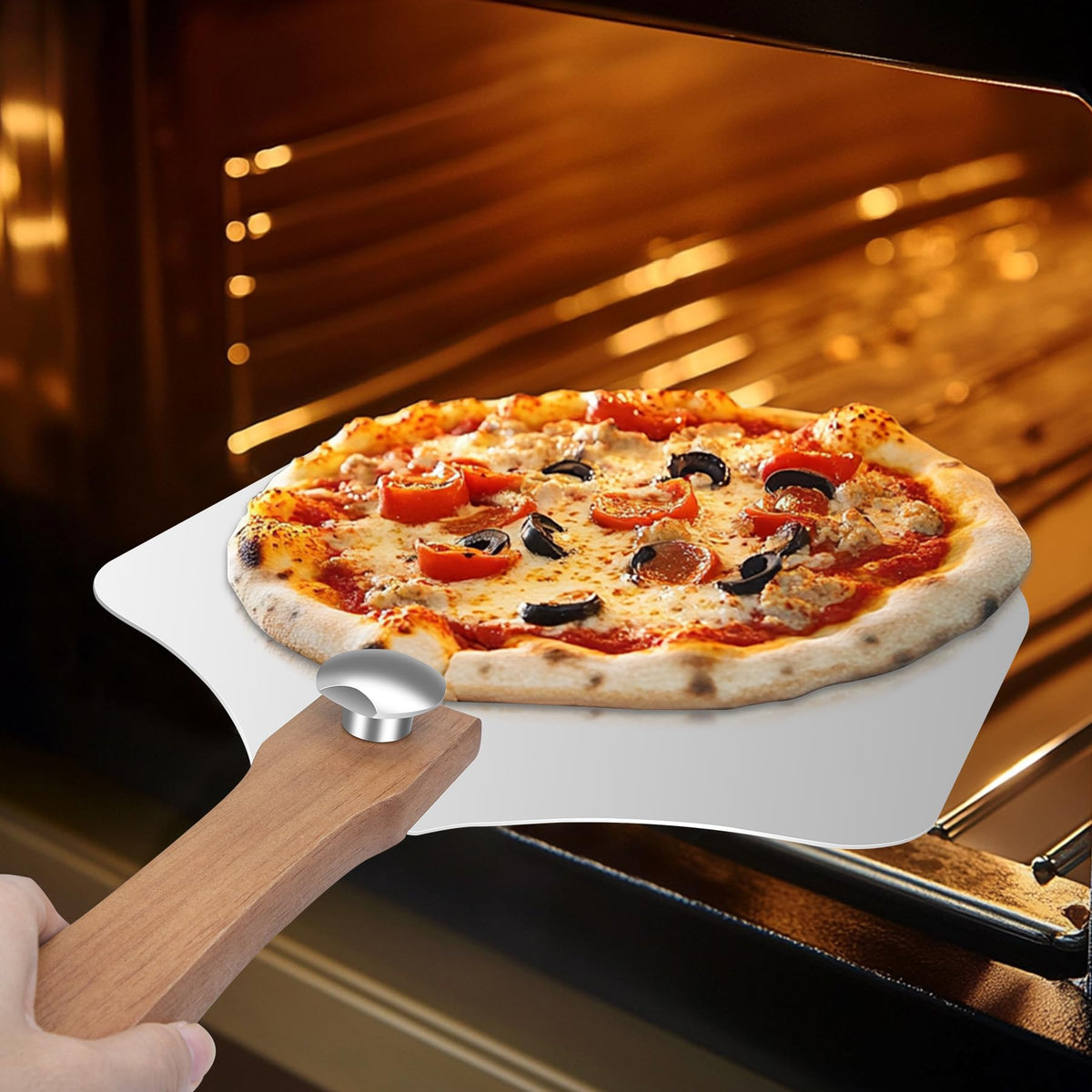 Nsoyos pizza peel with rocker cutter for precise slicing