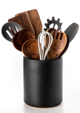 Nucookery utensil holder in stone black on counter keeps tools organized.