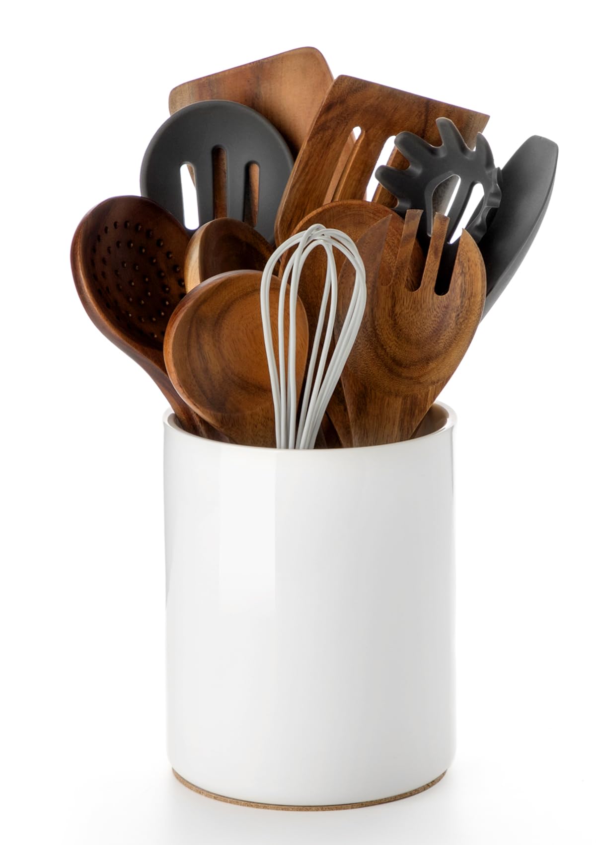 Nucookery utensil holder in glossy white ceramic offers organized countertop storage and easy utensil access.