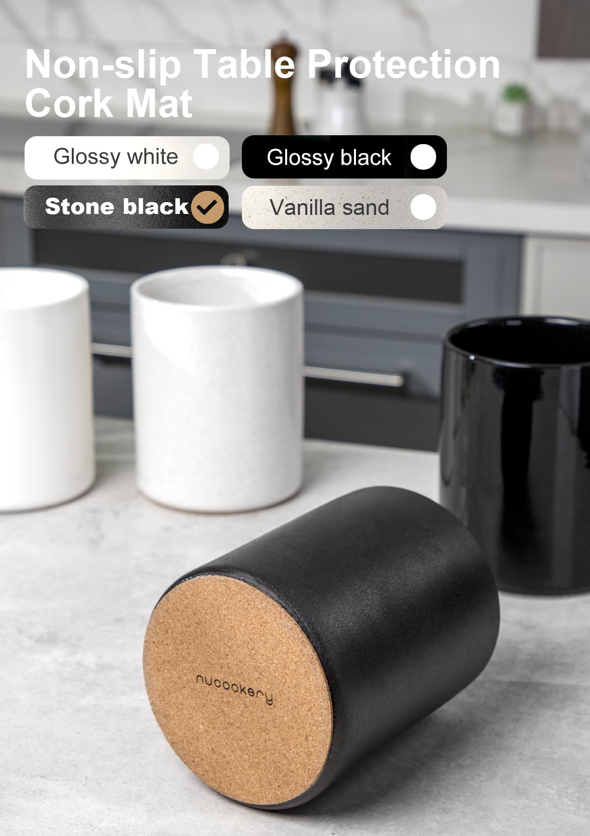 Nucookery cork-bottomed holder protects counters and reduces movement.
