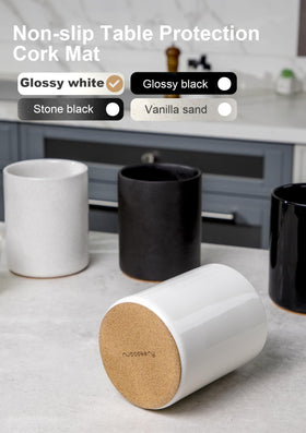 Nucookery utensil holder with cork bottom protects countertops and reduces noise.