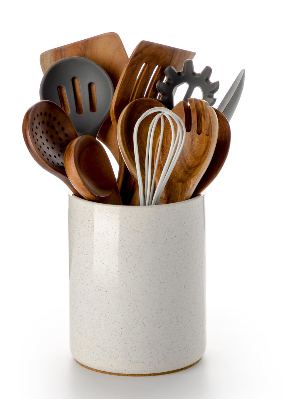 Nucookery utensil holder in sand on countertop organizes utensils.