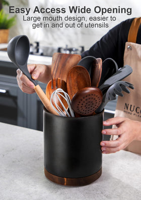 Nucookery white ceramic utensil organizer on a tidy kitchen counter