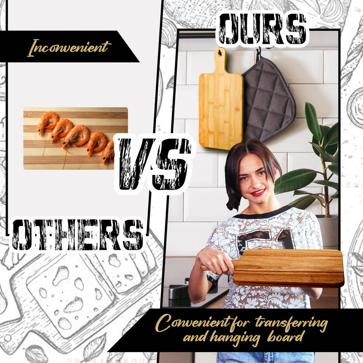 Nuenen acacia cutting board with handle close-up edge showing smooth finish.