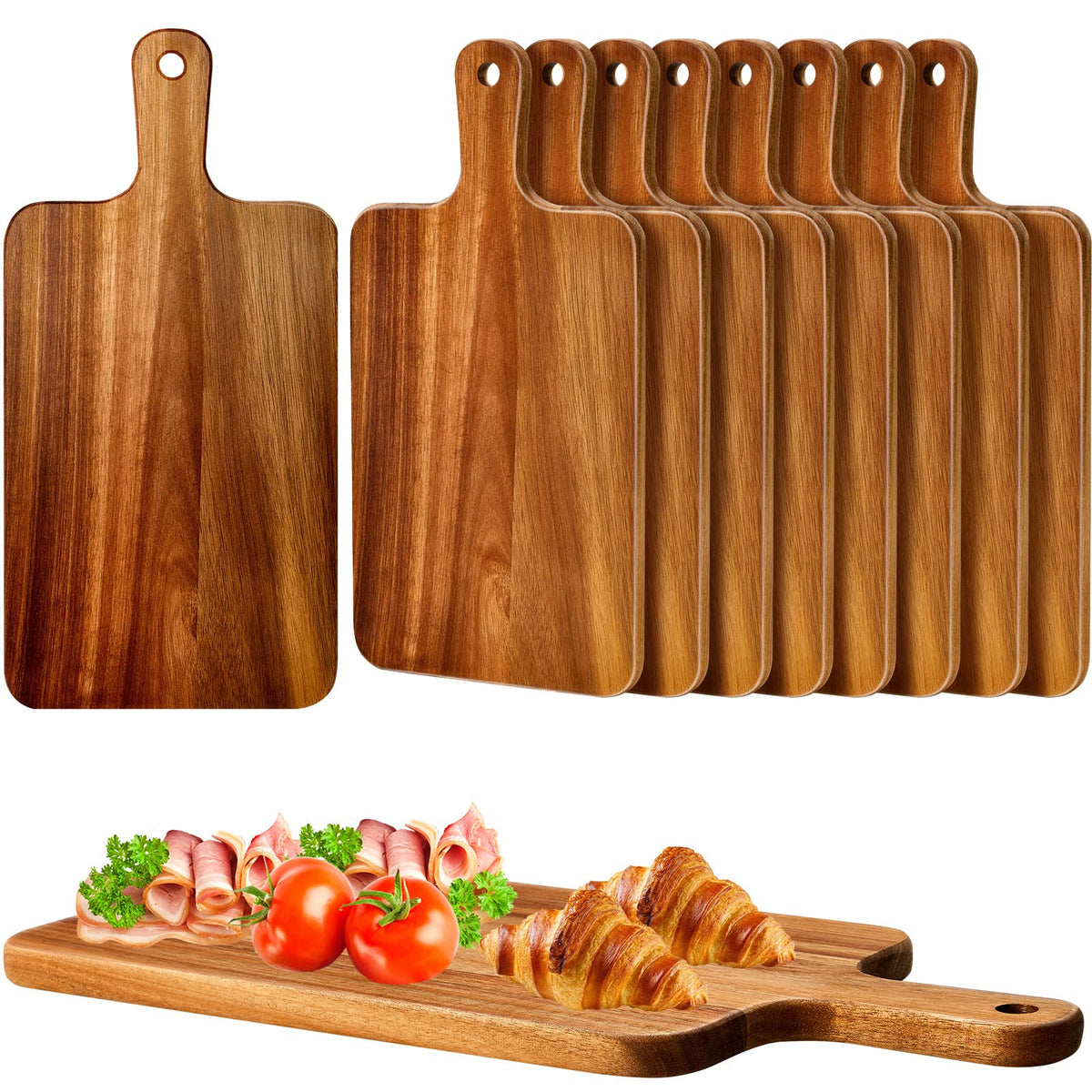 Nuenen acacia cutting board with handle front view, ideal for serving pizza and cheese.