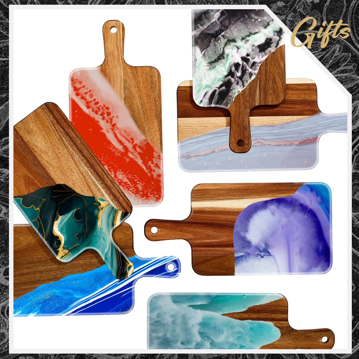 Nuenen acacia cutting board with handle meal prep station in use.