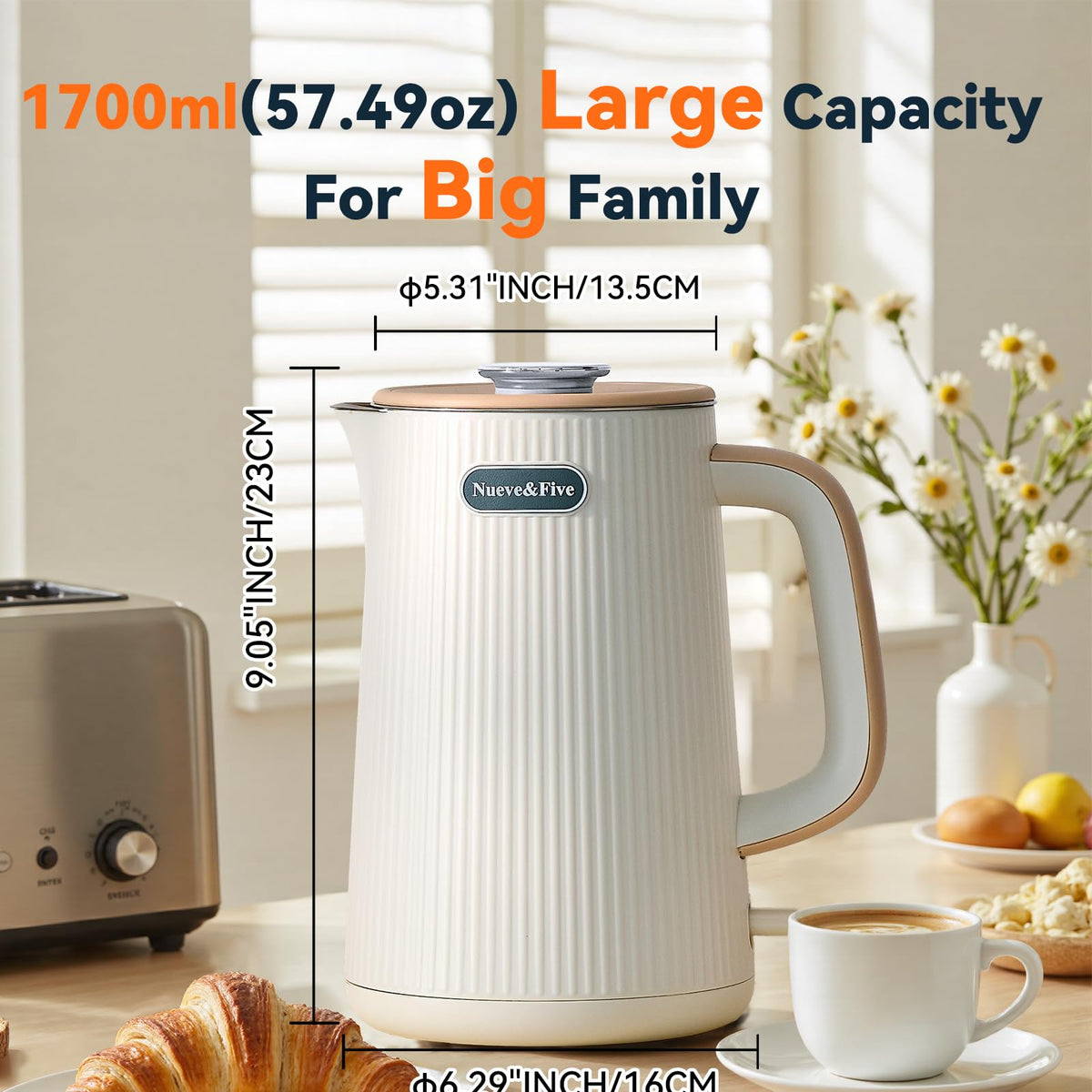 Nueve&Five kettle dimensions on countertop for compact storage.