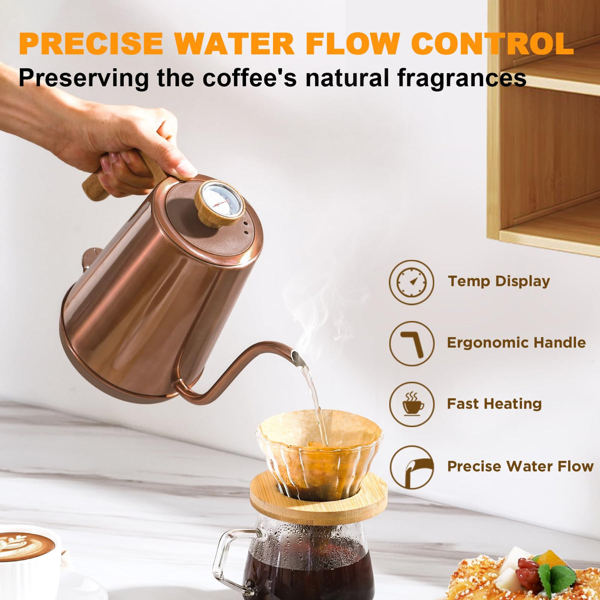Nuevefive copper tea kettle with ergonomic handle for comfortable pouring.