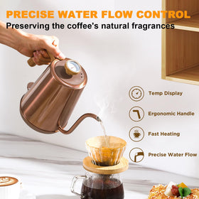 Nuevefive copper tea kettle with ergonomic handle for comfortable pouring.