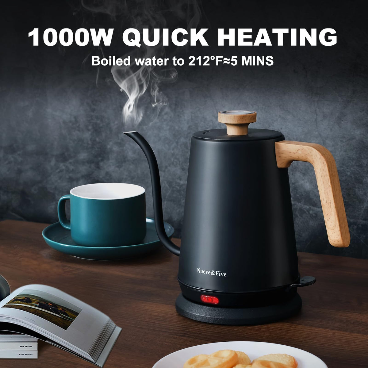 Nueve&Five kettle with 1000W fast heating for rapid boil.