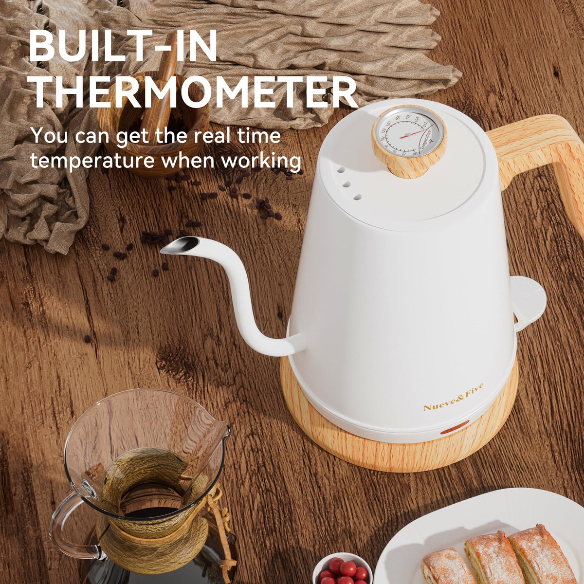 Nueve&Five gooseneck kettle 1000W fast heating for quick hot water.