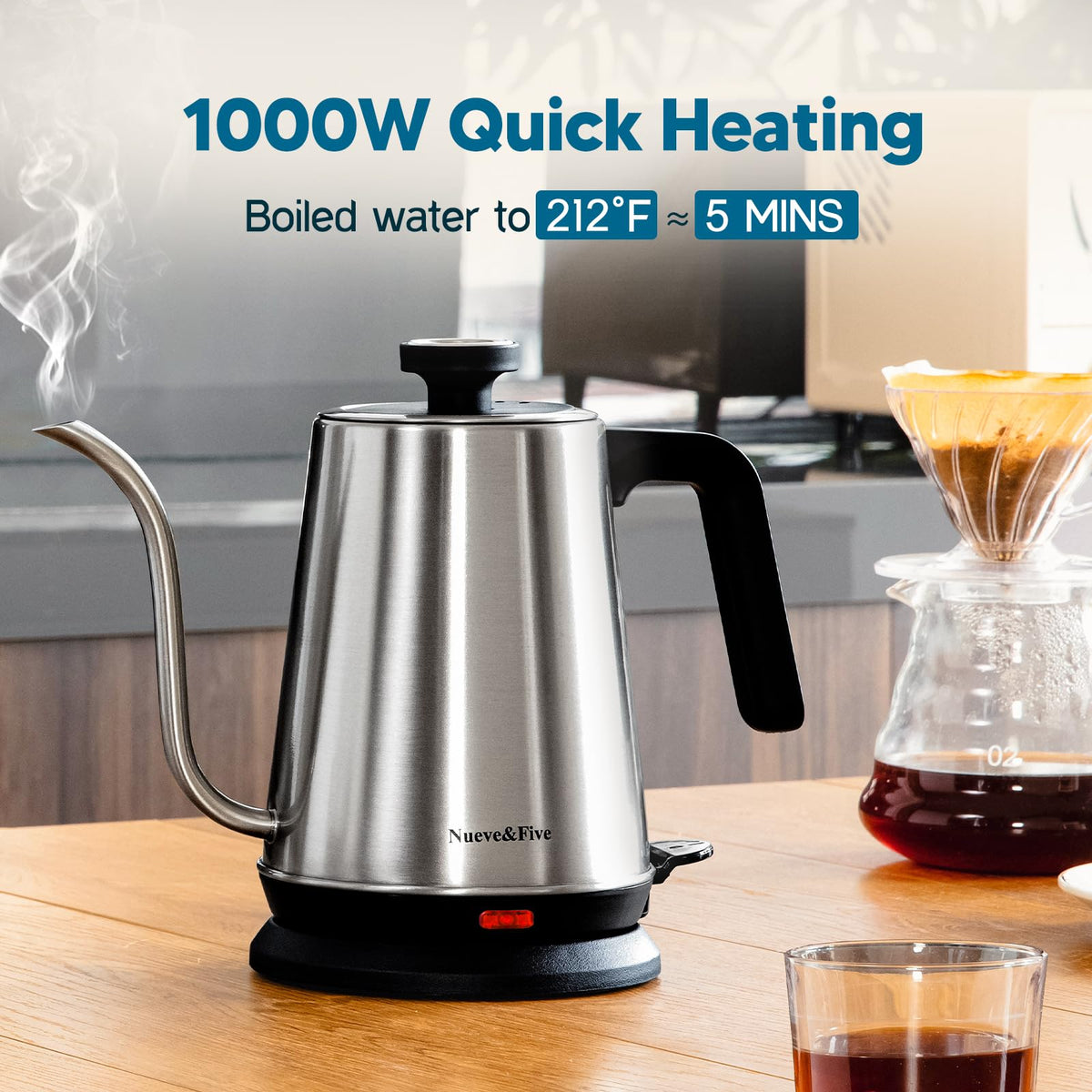 Nueve&Five Gooseneck Kettle auto shut-off indicator for safe boiling.