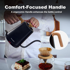 Nueve&Five gooseneck kettle featuring auto shut-off for safe use.
