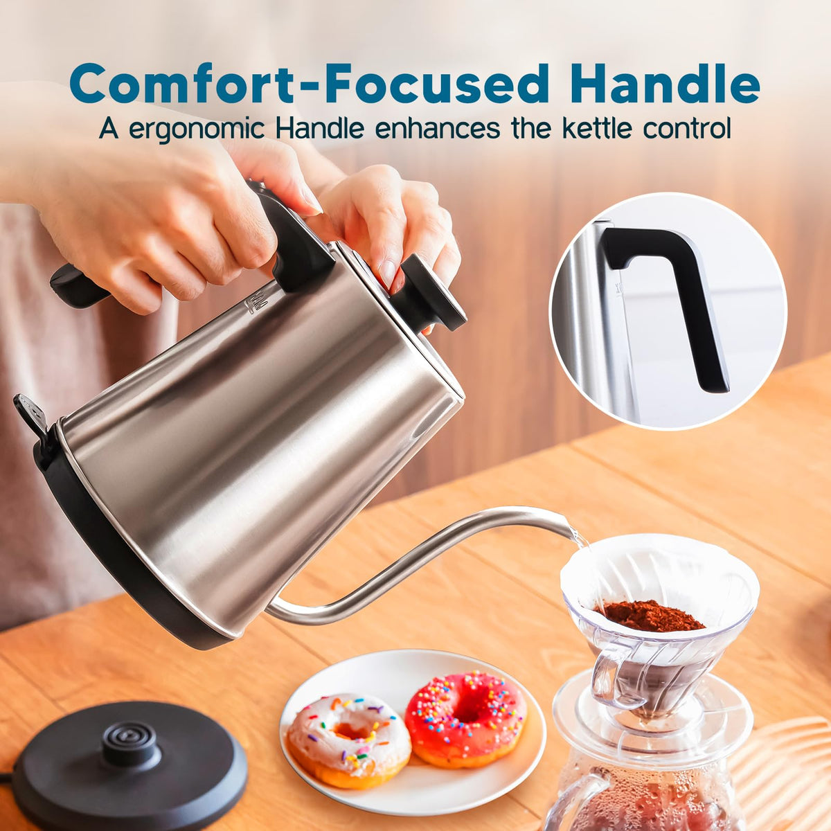Nueve&Five Gooseneck Kettle boil-dry protection keeps kettle safe when empty.